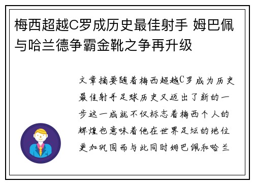 梅西超越C罗成历史最佳射手 姆巴佩与哈兰德争霸金靴之争再升级